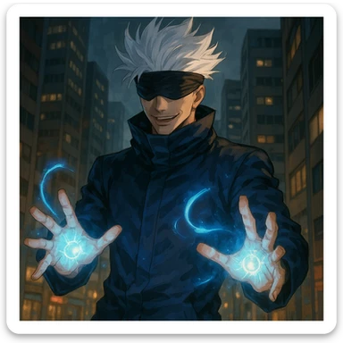 the strongest sorcerer of the modern age, casting a spell, glowing hands, urban background sticker