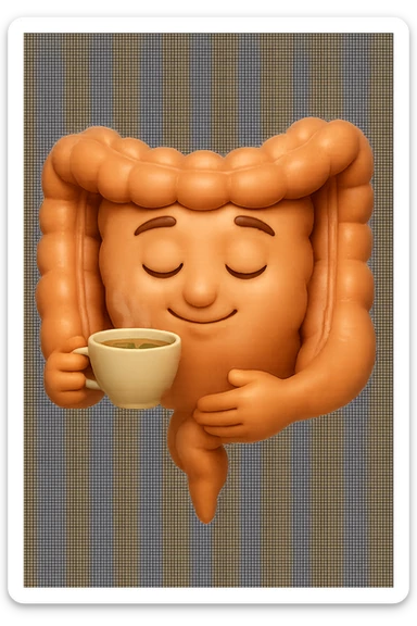 emoji stile iphone 3d di intestino umano sereno che si tocca la pancia mentre sorseggia un thè alle erbe, iperrealistico 4k sticker