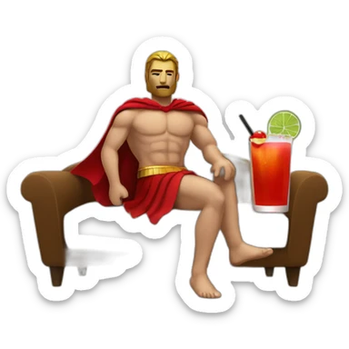 The Spartan Leonidas and his red cape with a relaxing cocktail on a sofa. sticker
