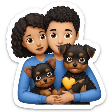 Young man with little brown skin, black curly hair, cheerful dark brown eyes, hugging two yorkie female sticker
