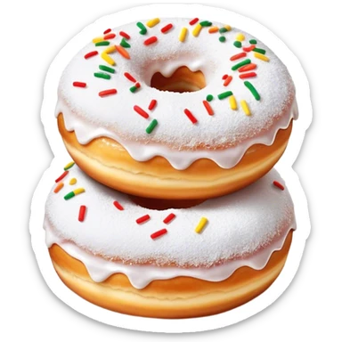 Cinematic fluffy donuts, perfectly golden and dusted with powdered sugar, vibrant icing with sprinkles, stacked in a playful arrangement, soft glowing highlights, warm and inviting. sticker