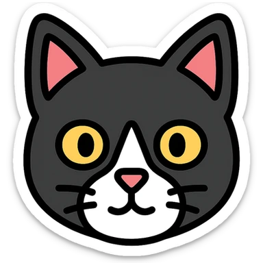 tuxedo cat face, simple, clear expression, lineal color icon with black outlines sticker