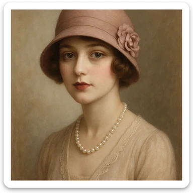 1920s woman, cloche hat, pearl necklace, vintage fashion, soft colors, elegant, detailed sticker