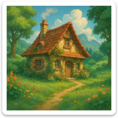 a cozy cottage in a magical landscape, ghibli style sticker
