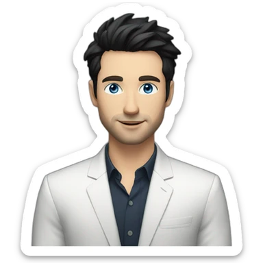 man, blue eyes, 30 year old, white skin, black hair, blazer with t-shirt, good looking sticker