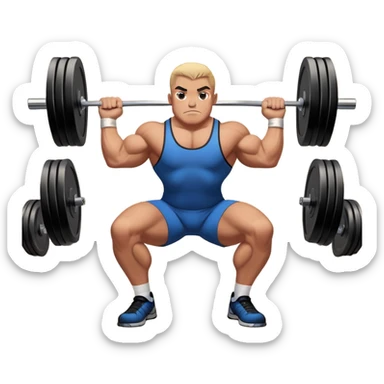 Powerlifter lifting a heavy barbell in a dramatic display of strength, muscles flexing under the pressure. The focus is on the lifter's intense effort and the heavy weights on each side. The background features a gym with weights and equipment, emphasizing the raw power of the sport.  sticker