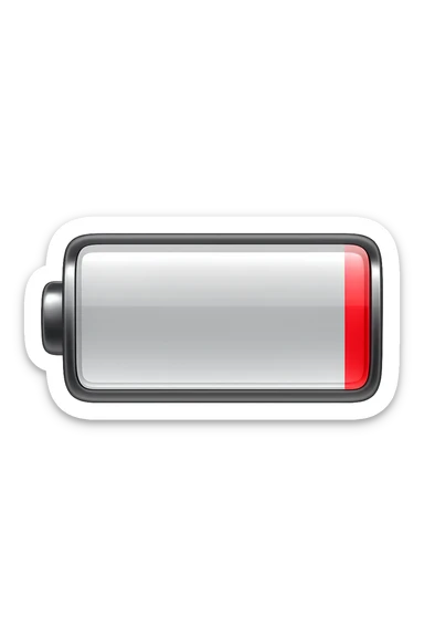 iPhone-style emoji of a battery that is almost empty, with a red bar at the end indicating low energy. Clean, minimal, glossy look, transparent background. sticker