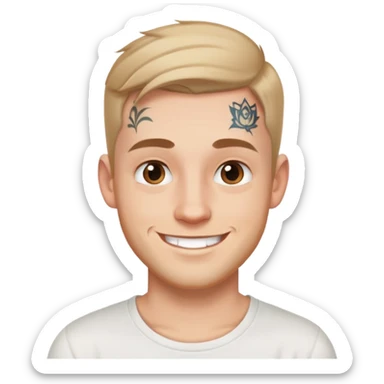 white man with small face tattoo, smiling, wearing a white t-shirt sticker