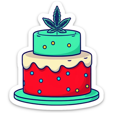 Festive confetti cake with mint leaves and a cannabis leaf as decoration sticker