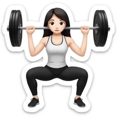 Девушка белокожая, с длинными темными волосами, в одежде для йоги - черные лосины, белый топ, делает присед со штангой 100 килограмм, правильные пропорции тела, только человек sticker