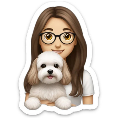 Long straight brown hair, eyeglassed turkish girl with white maltipoo sticker