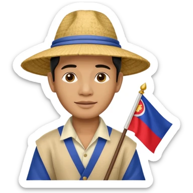 Cambodian man Tourist Guide with small flag in hand and traditional cambodian hat sticker