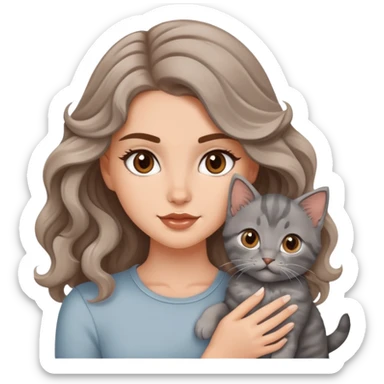 A beautiful  white girl with big brown waves and  a gray kitten and tococo sticker