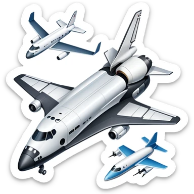 An icon featuring a collage of a space shuttle, a drone, and an airplane, symbolizing aerospace technology. The design includes rocket engines, wings, and flight paths, representing advancements in aviation and space exploration. Transparent background highlights cutting-edge aerospace engineering. sticker