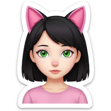 adorable girl, pink cat ears, black hair, green eyes sticker