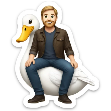 White Man with brunette hair and a short beard riding on the back of a giant duck sticker