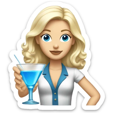 Blonde girl with blue eyes making a martini sticker