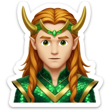 Loki, God of Mischief from Gods and Goddesses with long reddish blonde hair, green and gold sequin outfit sticker
