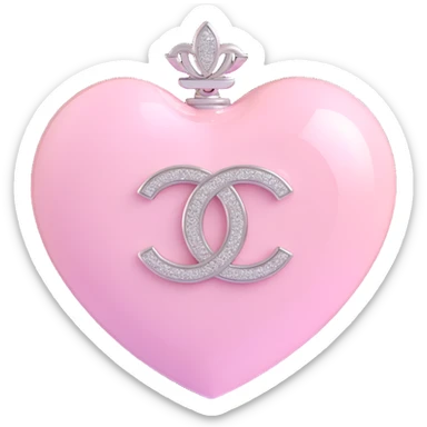 Add a soft pink glow around the glossy white heart with diamond accent and silver Chanel logo, elegant, white and silver color scheme, keep the background transparent except for the glow. sticker