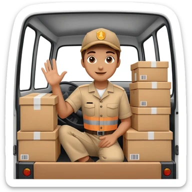 truck with a supplier in work uniform sitting inside, waving hi, lots of packages in the truck sticker