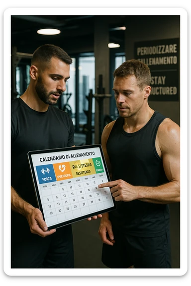 realistic cinematic photo a personal trainer and a client stand in a modern gym, reviewing a large, color-coded training calendar or chart on a tablet. The calendar shows different phases (Forza, Ipertrofia, Resistenza, Recupero) with icons and dates. Around them, gym equipment and motivational posters reinforce the idea of structured, periodized training. in italiano sticker