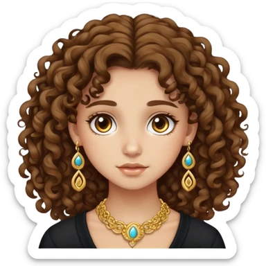 Teenage girl with curly brown hair, choni style with gold jewelry sticker