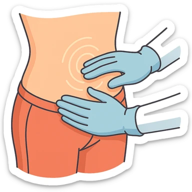 Close-up of a human abdomen with a doctor wearing gloves palpating it. Fingers gently pressing on the abdomen with pressure points highlighted by light circles or waves. The person is wearing pants, side view, 2D isometric style, very detailed, soft rounded shapes, clean contours, pastel palette, refined shadows and highlights, modern illustration, transparent background. sticker