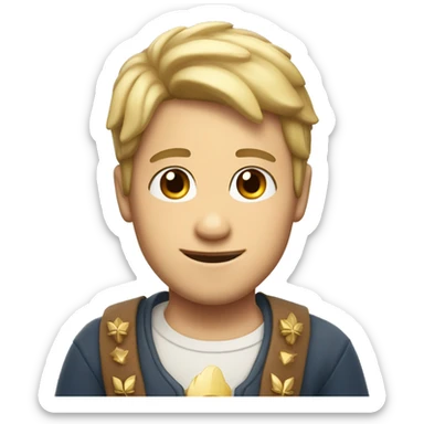 smiling boy with brown beard white patch of hair on the temples and a crown sticker