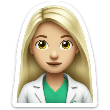 white young girl with long hair green eyes working in a pharmacy sticker