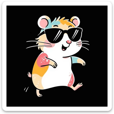 unique colorful hand-drawn modern semi-realistic hamster with cool glasses running energetically on solid black background illustrated in Procreate on an iPad sticker