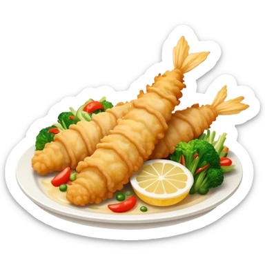 Cinematic Realistic Tempura Dish Emoji, depicted as lightly battered and fried seafood and vegetables rendered with delicate textures and crisp, inviting lighting. sticker