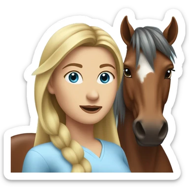 woman with long back hair and light blue eyes next to a sorrel horse sticker