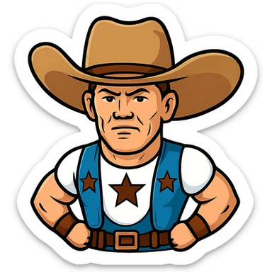 Make the cowboy hat even bigger on John Cena in the style of cartoonish stickers, keep the sticker style look. sticker