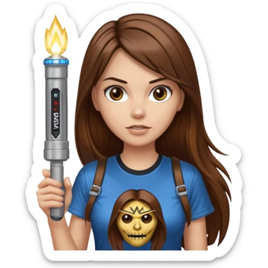 a female with long straight brown hair and brown eyes wearing a iron maiden shirt holding a flashlight  sticker