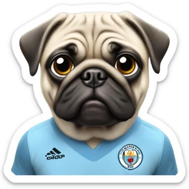 A pug wearing a Man City kit sticker
