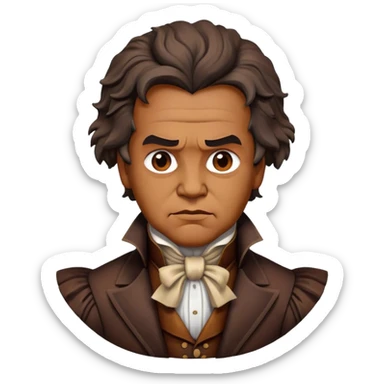 Cinematic Realistic Beethoven Portrait Emoji, depicted as a passionate composer with intense expressive features in period attire, rendered with rich textures and dramatic moody lighting that captures the turbulent genius of his music. sticker