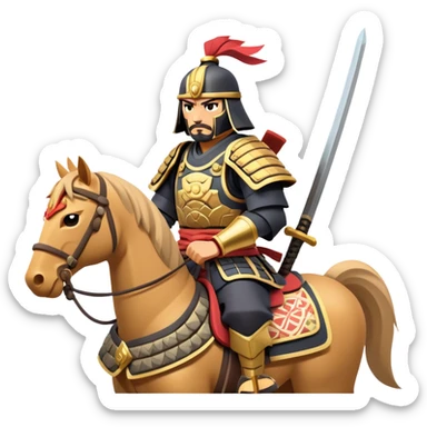 clash-of-clans-aesthetic_-cinematic-fearsome-and-majestic-samurai-bust-portrait-emoji, rendered in a flat, vector-style with minimal shading and bold, simplified shapes typical of emoji art, depicting a battle-hardened samurai with steely eyes and traditional Japanese armor, riding a noble warhorse adorned with an intricately designed saddle and fluttering banners, against a backdrop of cherry blossoms and a rising sun. sticker