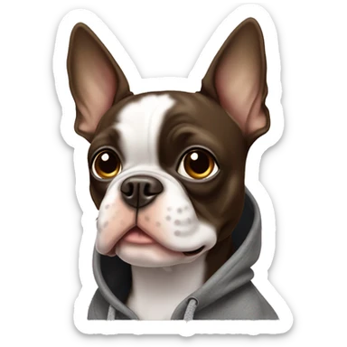 Brown Boston terrier ￼wearing a hoodie sticker