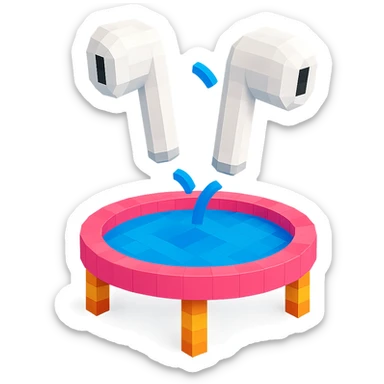 white EarPods headphones with a playful twist, bouncing on a trampoline sticker