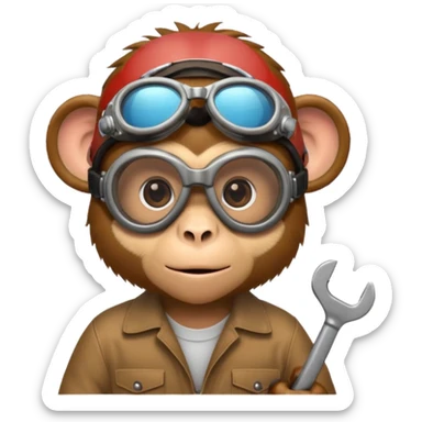Curious monkey with goggles, holding a wrench or small gadget. sticker