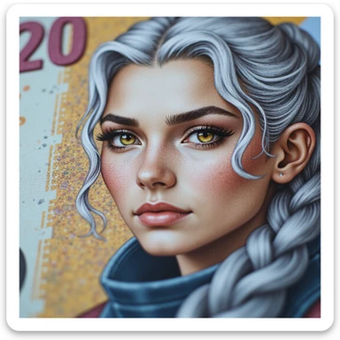 close up of a "20 crisp" banknote. futuristic, cyberpunk. stellar and planetary style designs adorn the bill. the face pictures is a woman in her 20's, gold yellow eyes, white hair in a single long braid, side of head shaved. she wears a military flight bdu sticker