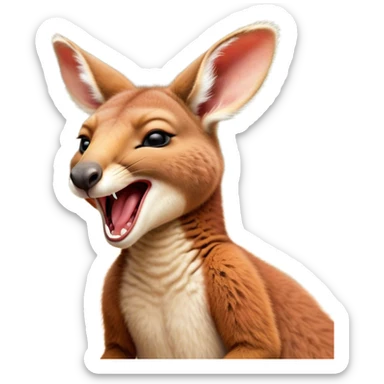 Cinematic Cute Yawning Kangaroo Portrait Emoji, Head tilted slightly with a dramatic, wide-open yawn, showcasing a soft, downy red-orange fur with gently drooping ears and round amber eyes barely open in drowsy contentment, Simplified yet irresistibly adorable features, highly detailed, glowing with a soft, cozy glow, high shine, relaxed yet expressive, stylized with a touch of outback charm, bright and endearing, soft glowing outline, capturing the essence of a sleepy yet affectionate kangaroo, so drowsy it feels like it could stretch out of the screen and curl up for a nap! sticker