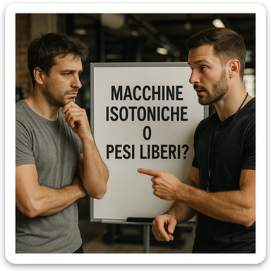 Realistic detailed scene of a man in a gym asking advice to a personal trainer, both looking at a whiteboard with Italian text 'Macchine isotoniche o pesi liberi?', atmosphere of discussion, 4K quality. sticker