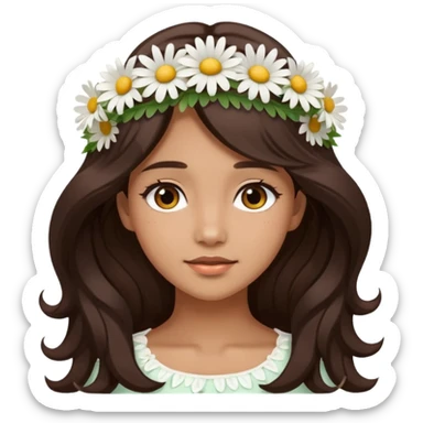 Medium skin tone female, long dark-brown hair with gentle waves, wearing a white daisy floral crown. sticker