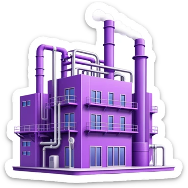 Minimalistic factory building in purple and violet tones, with pipes, sticker