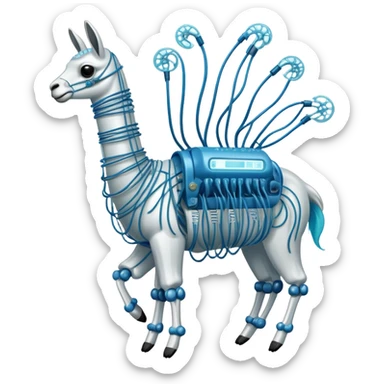 A high-tech llama made of electric wires and cables with rubber scales that reveal its electric skeleton, possessing both jellyfish-like tendrils and the ability to generate electrical pulses that illuminate the ocean depths. sticker