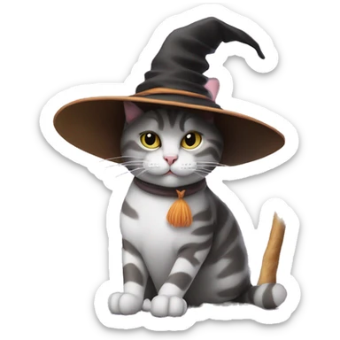 Cat with a witch hat while having a long smoke stick like a chic witch cat sticker
