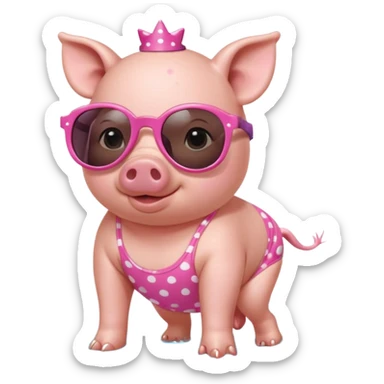 cute pig wearing cool star shaped sunglasses and polka dotbathing suit on all fours  sticker
