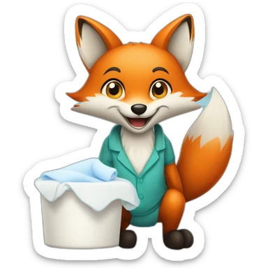 a simple happy gender neutral fox from a house keeping company with a stack of folded clean cloth and detergent in his hands sticker