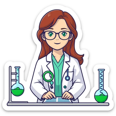 A beautiful long Auburn hair, scientist in a lab coat working with DNA, woman with green eyes glasses who has been working 12 hours straight making science wonderful sticker